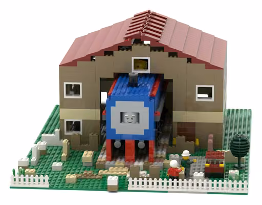 Qwen 3.8 Flash's build: Giant toy engine through a house